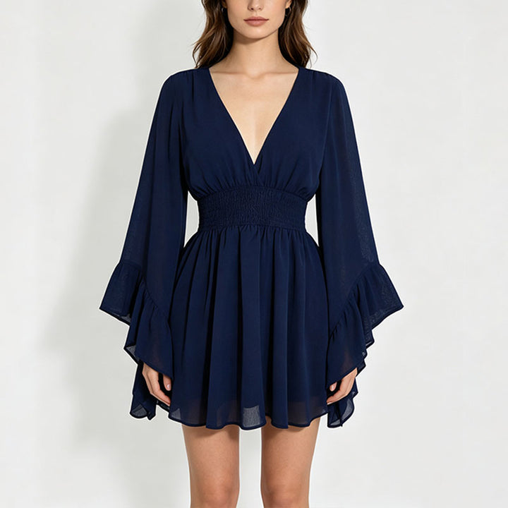 V-neck flared long-sleeved fitted waist dress
