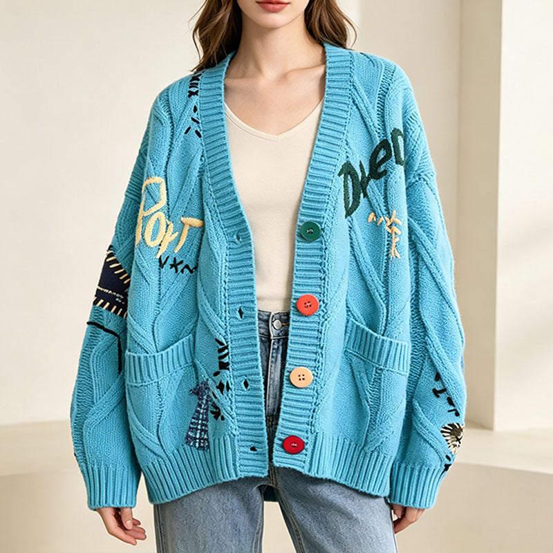 Retro pattern cable knit cardigan