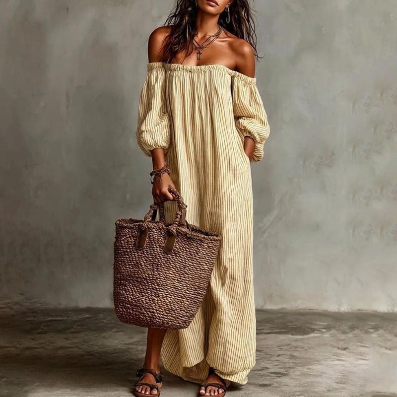 Striped off-shoulder puff-sleeve loose dress