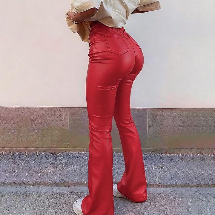 High-waisted stretch slim-fit flared leather pants