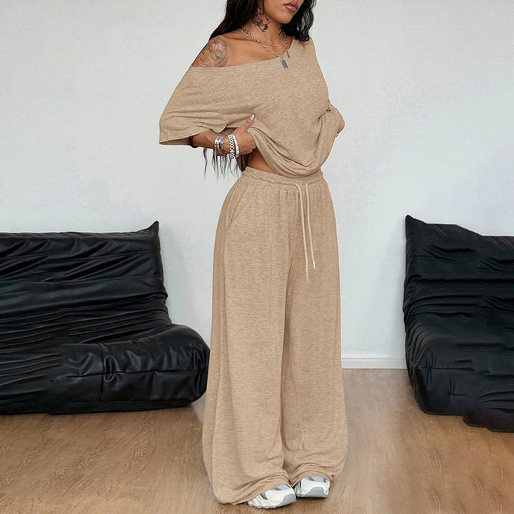 Off-shoulder short-sleeve top and wide-leg trousers set