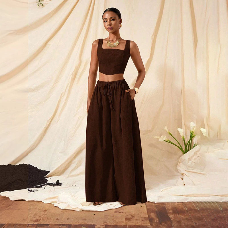 Square-neck cropped top and wide-leg trousers set