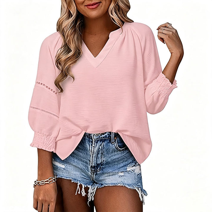 V-neck cut-out puff-sleeve casual top