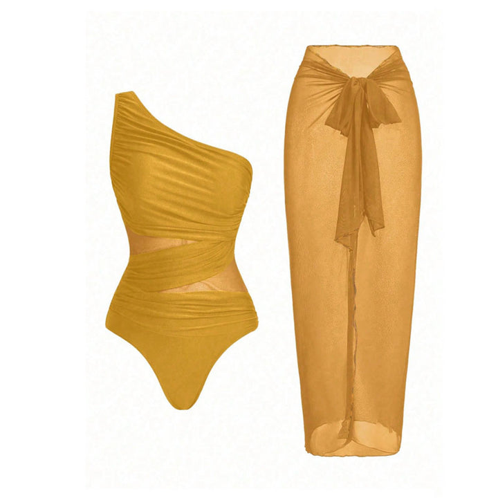 One-shoulder cut-out one-piece swimsuit and mesh cover-up skirt set