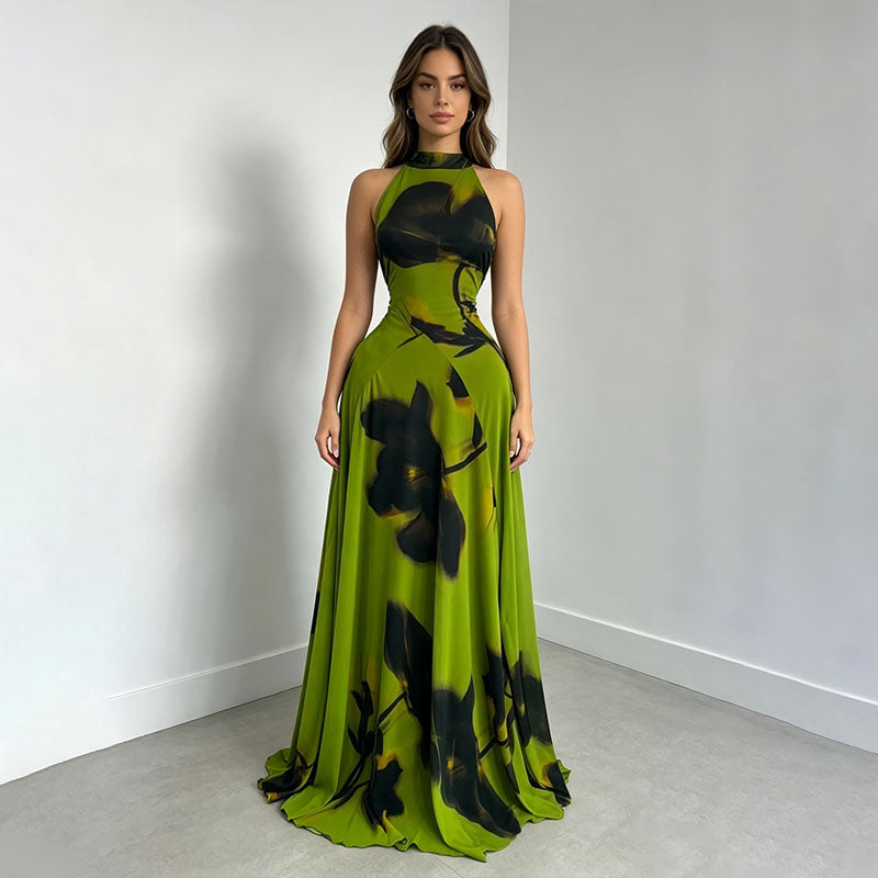 Resort-style printed turtleneck fitted pleated dress