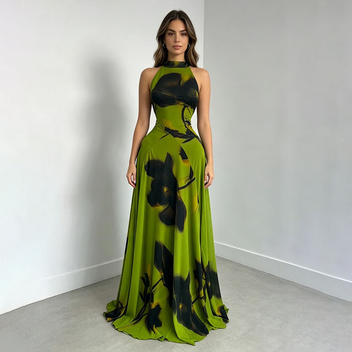 Resort-style printed turtleneck fitted pleated dress