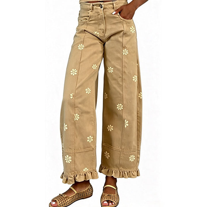 Ruffled floral wide-leg jeans