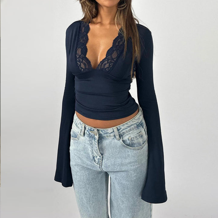 Lace V-neck flared long-sleeved cropped top