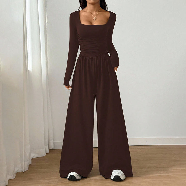 Square neck long sleeves fitted waist wide-leg jumpsuit