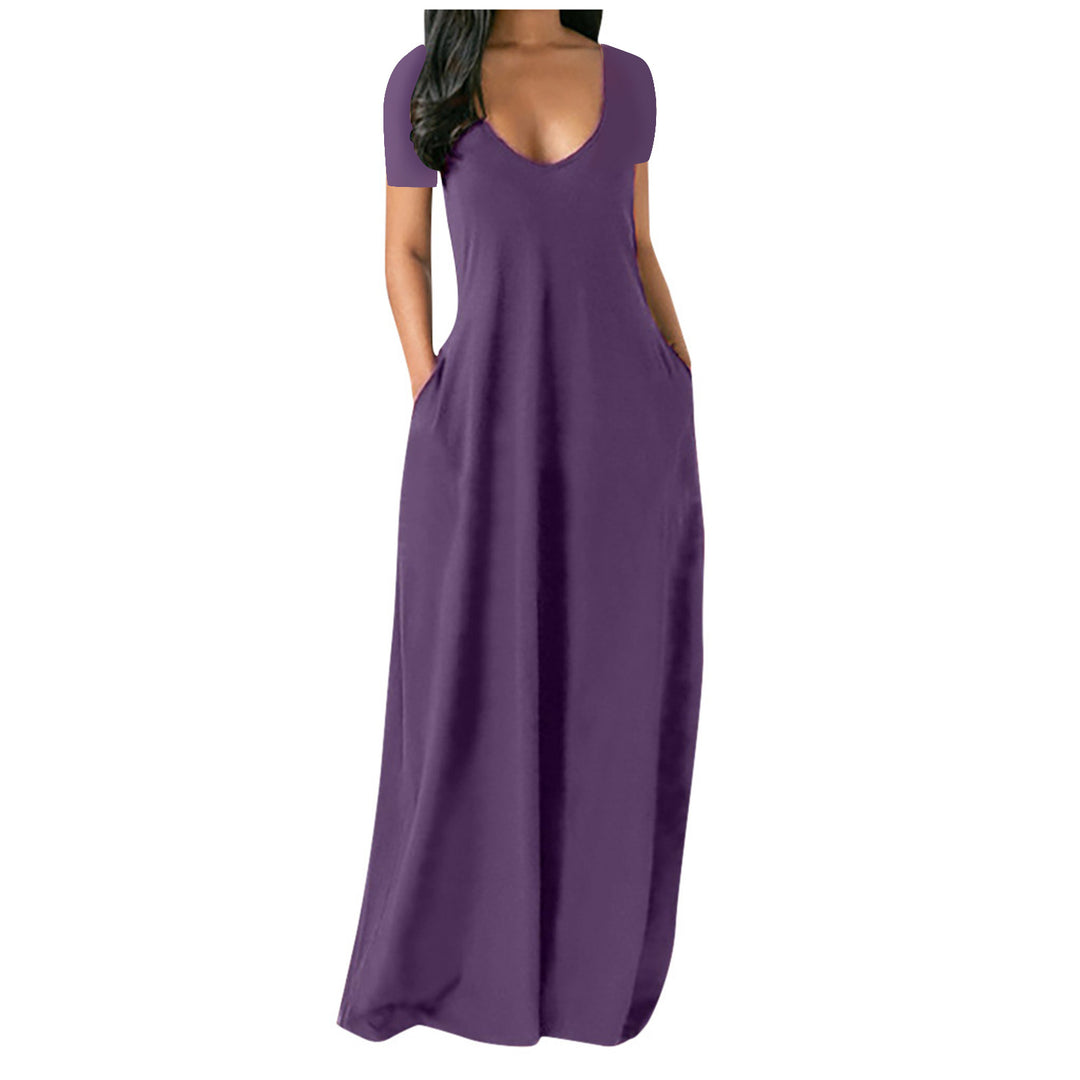 V-neck short-sleeved loose casual long dress