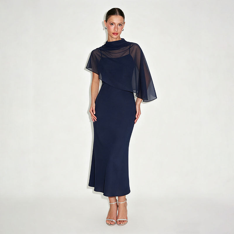 High-neck asymmetrical shawl and camisole dress set