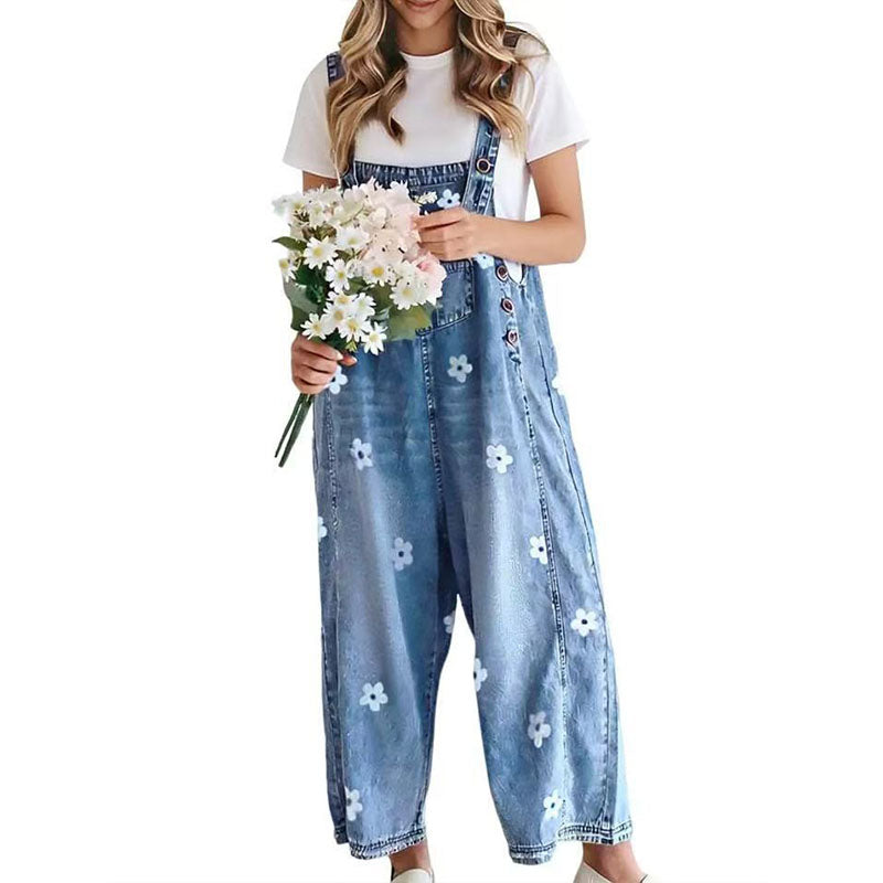 Floral denim wide-leg overalls