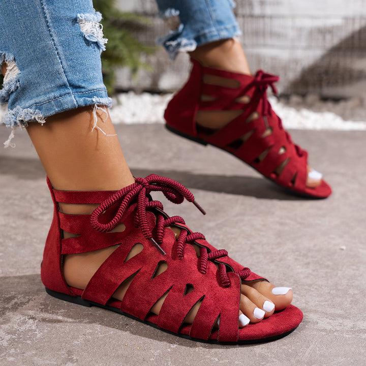 Lace-up openwork flat zipper sandals