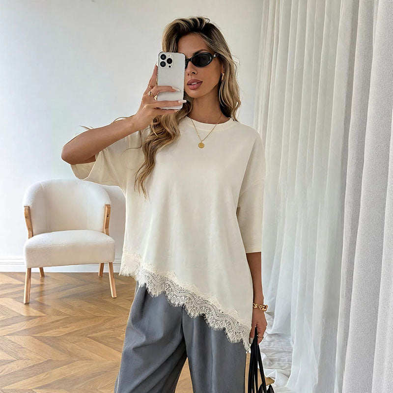 Irregular lace hem short-sleeved top