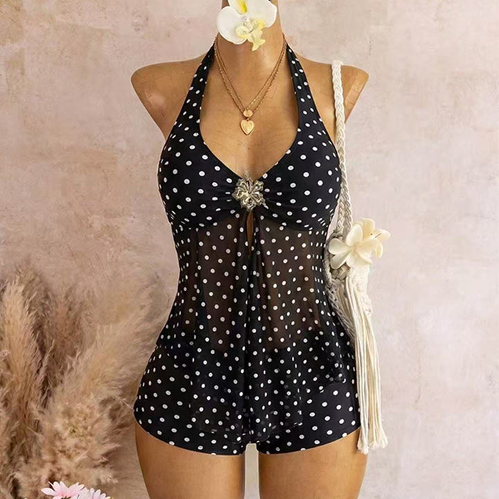 Halter neck deep V mesh swimsuit and swim trunks two-piece set