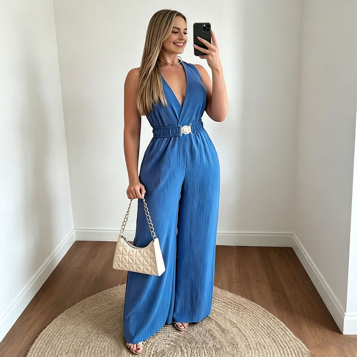 V-neck sleeveless wide-leg jumpsuit
