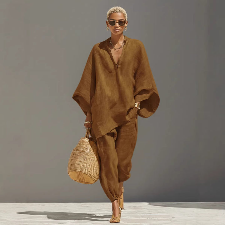 V-neck batwing-sleeve top and trousers set