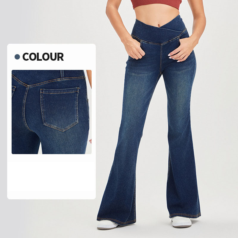 High-Waisted Crisscross Stretch Kick-Flare Jeans