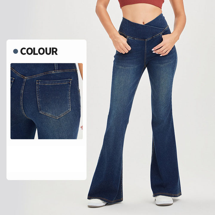 High-Waisted Crisscross Stretch Kick-Flare Jeans