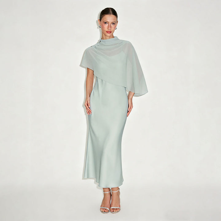 High-neck asymmetrical shawl and camisole dress set