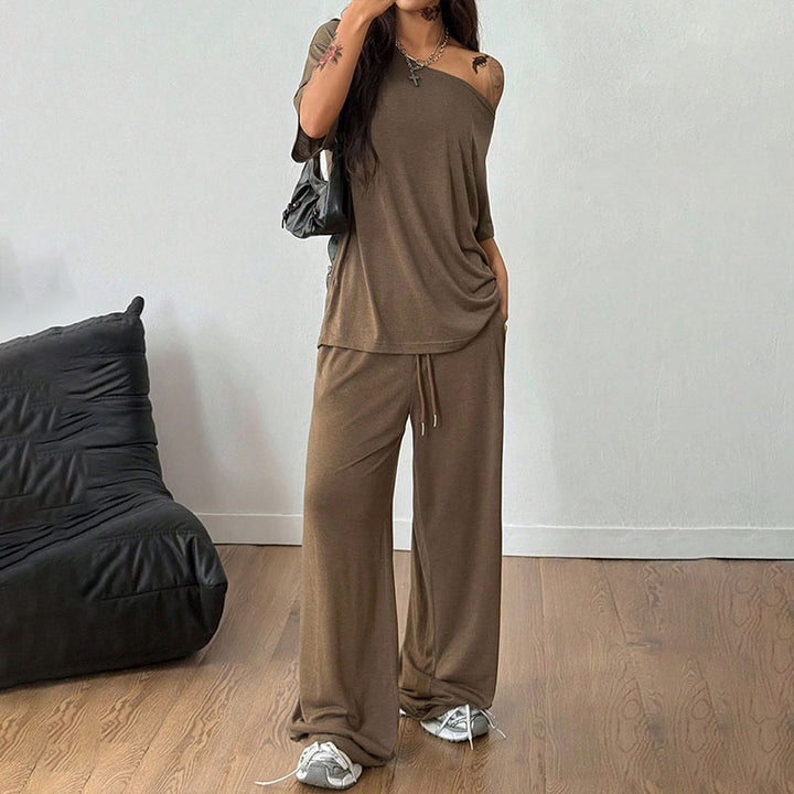 Off-shoulder short-sleeve top and wide-leg trousers set