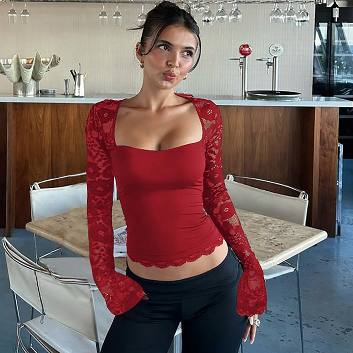 Square neck lace bell sleeve top