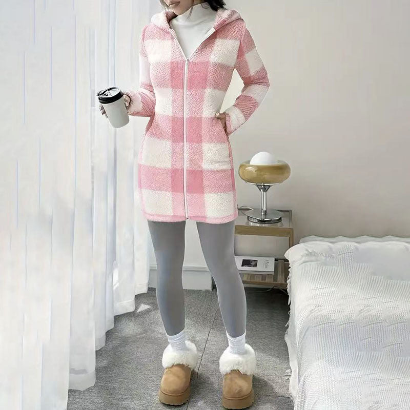Plaid plush hooded zip-up jacket