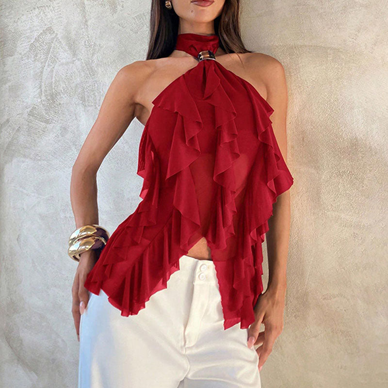 Irregular hem ruffle halter top