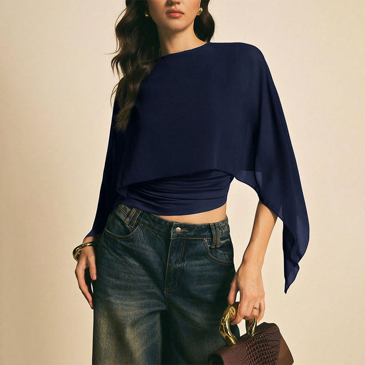 Round neck layered cape sleeve irregular top