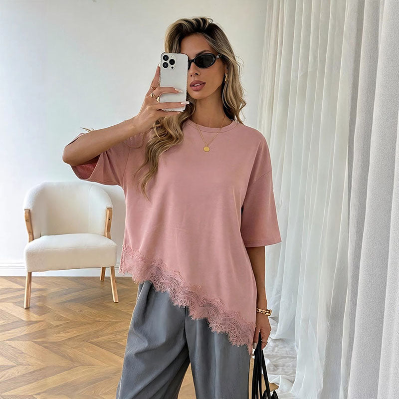 Irregular lace hem short-sleeved top