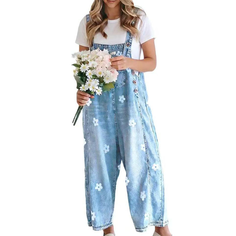 Floral denim wide-leg overalls