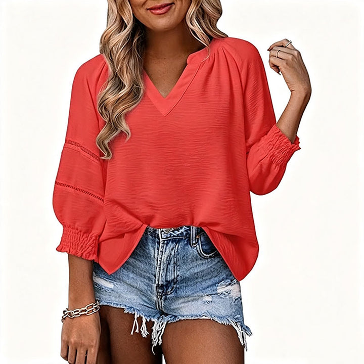 V-neck cut-out puff-sleeve casual top