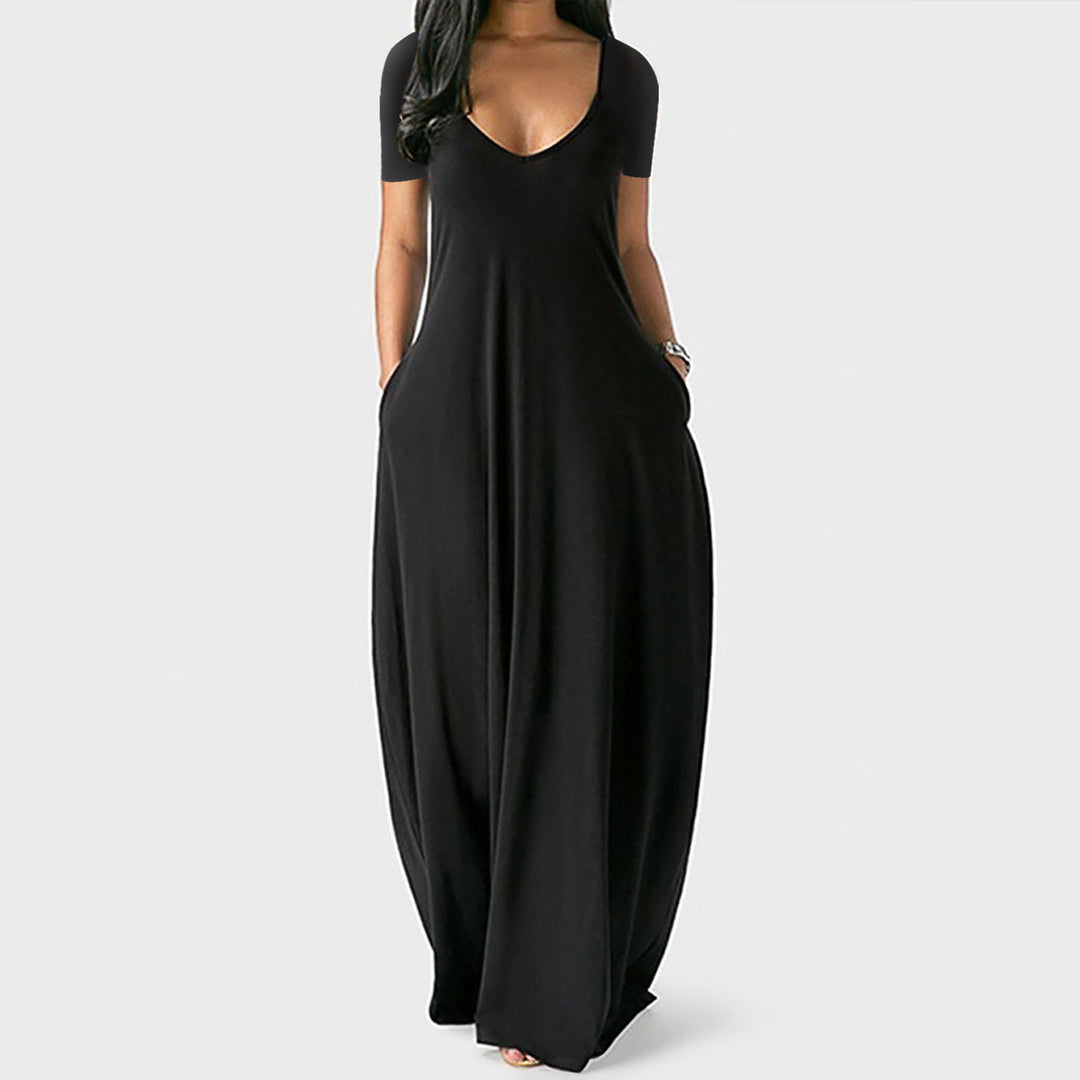 V-neck short-sleeved loose casual long dress