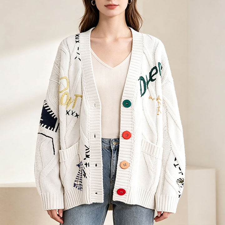 Retro pattern cable knit cardigan