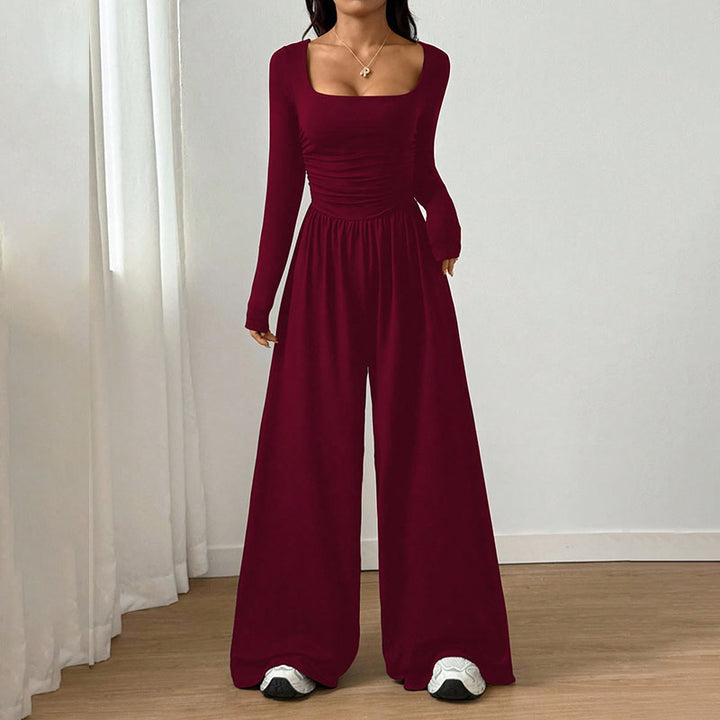Square neck long sleeves fitted waist wide-leg jumpsuit