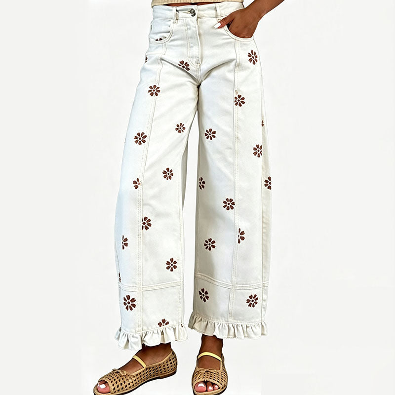 Ruffled floral wide-leg jeans