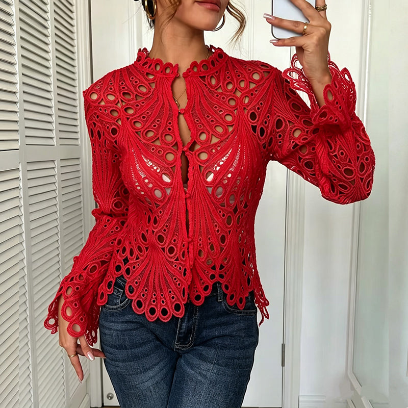 Hollowed-out lace fan-shaped hem top