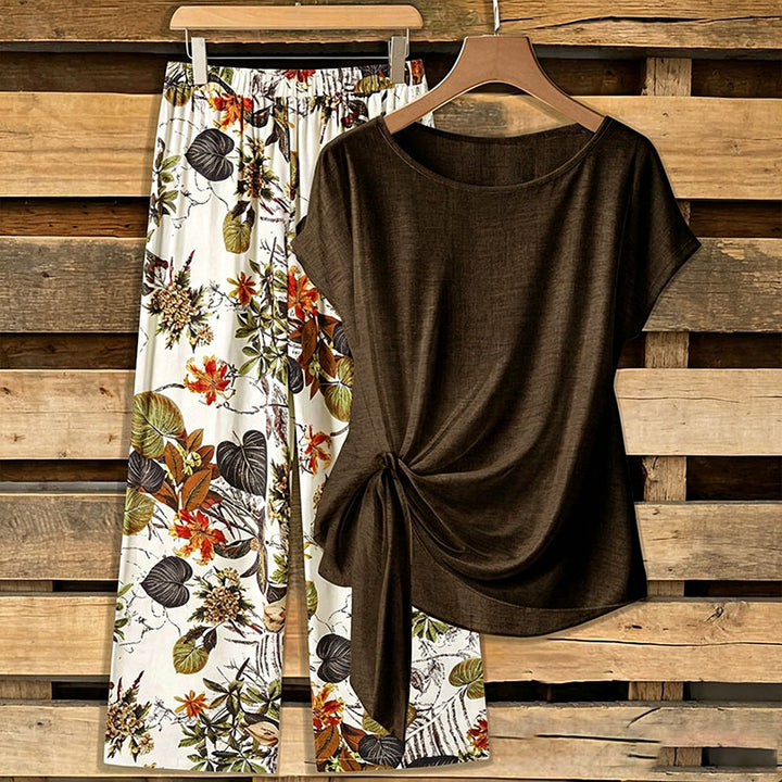 Knot-front short-sleeve top and wide-leg pants set