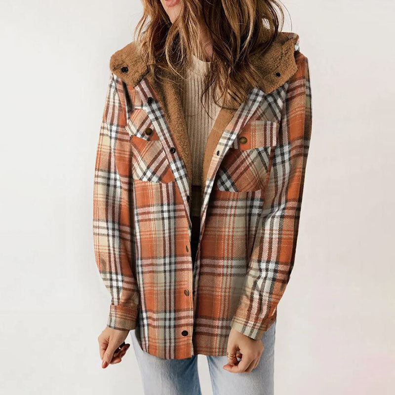 Casual hooded plaid fleece jacket