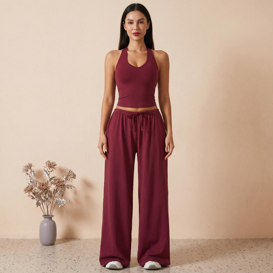 Sporty halter neck top and drawstring pants two-piece set