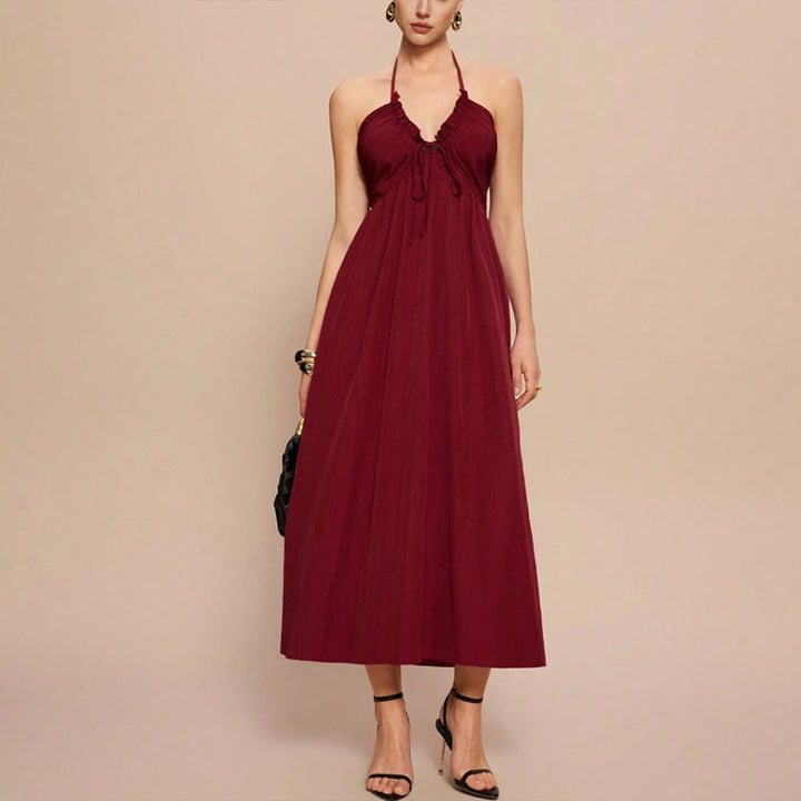 Front-pleated V-neck backless long dress