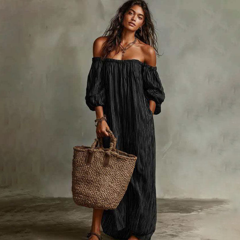 Striped off-shoulder puff-sleeve loose dress