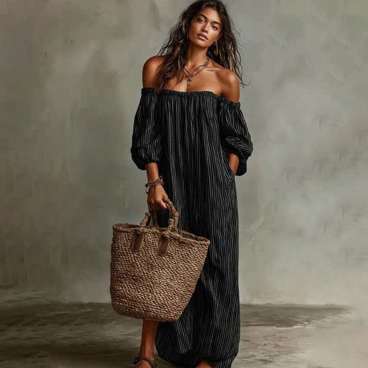 Striped off-shoulder puff-sleeve loose dress