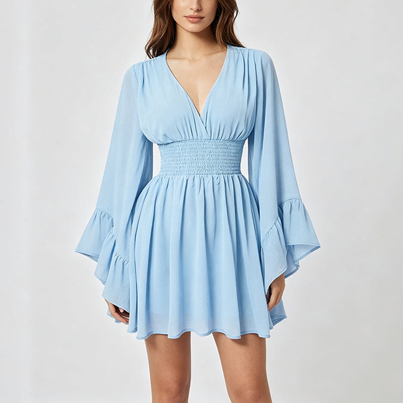 V-neck flared long-sleeved fitted waist dress