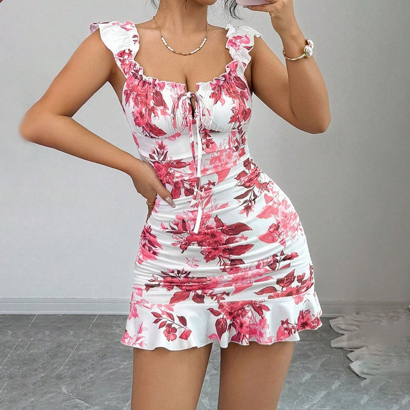 Front-Lace-Up Ruffled Waist-Cinched Slim-Fit Dress