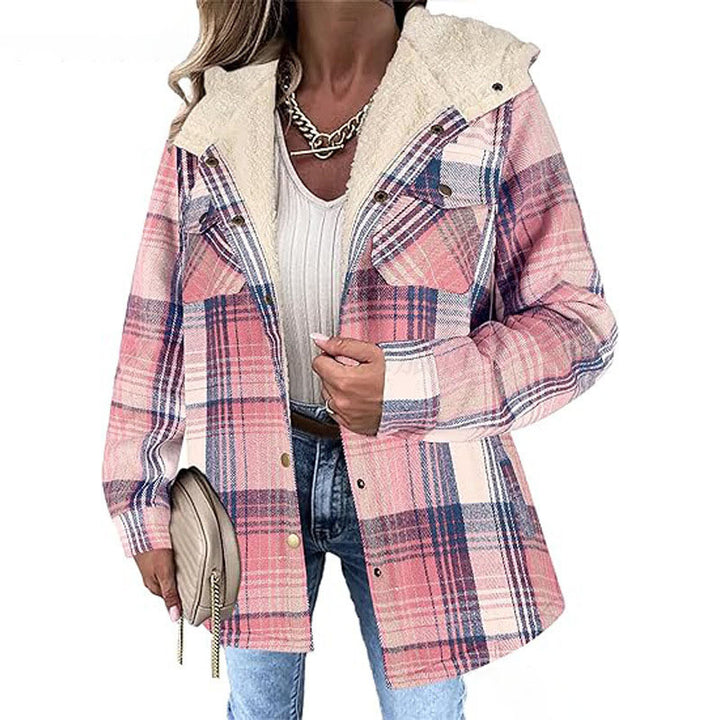 Casual hooded plaid fleece jacket