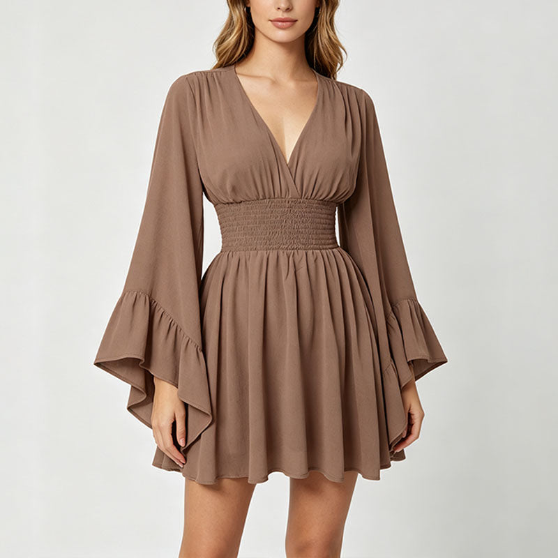 V-neck flared long-sleeved fitted waist dress