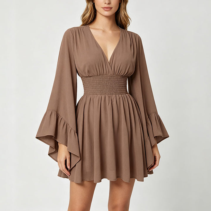 V-neck flared long-sleeved fitted waist dress