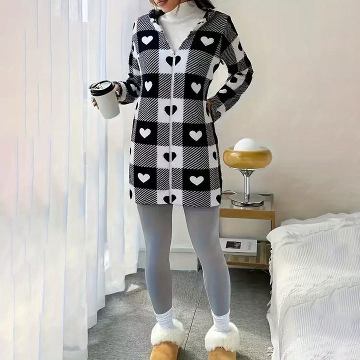 Plaid plush hooded zip-up jacket