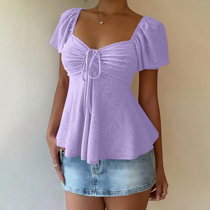 V-neck cut-out embroidered peplum top